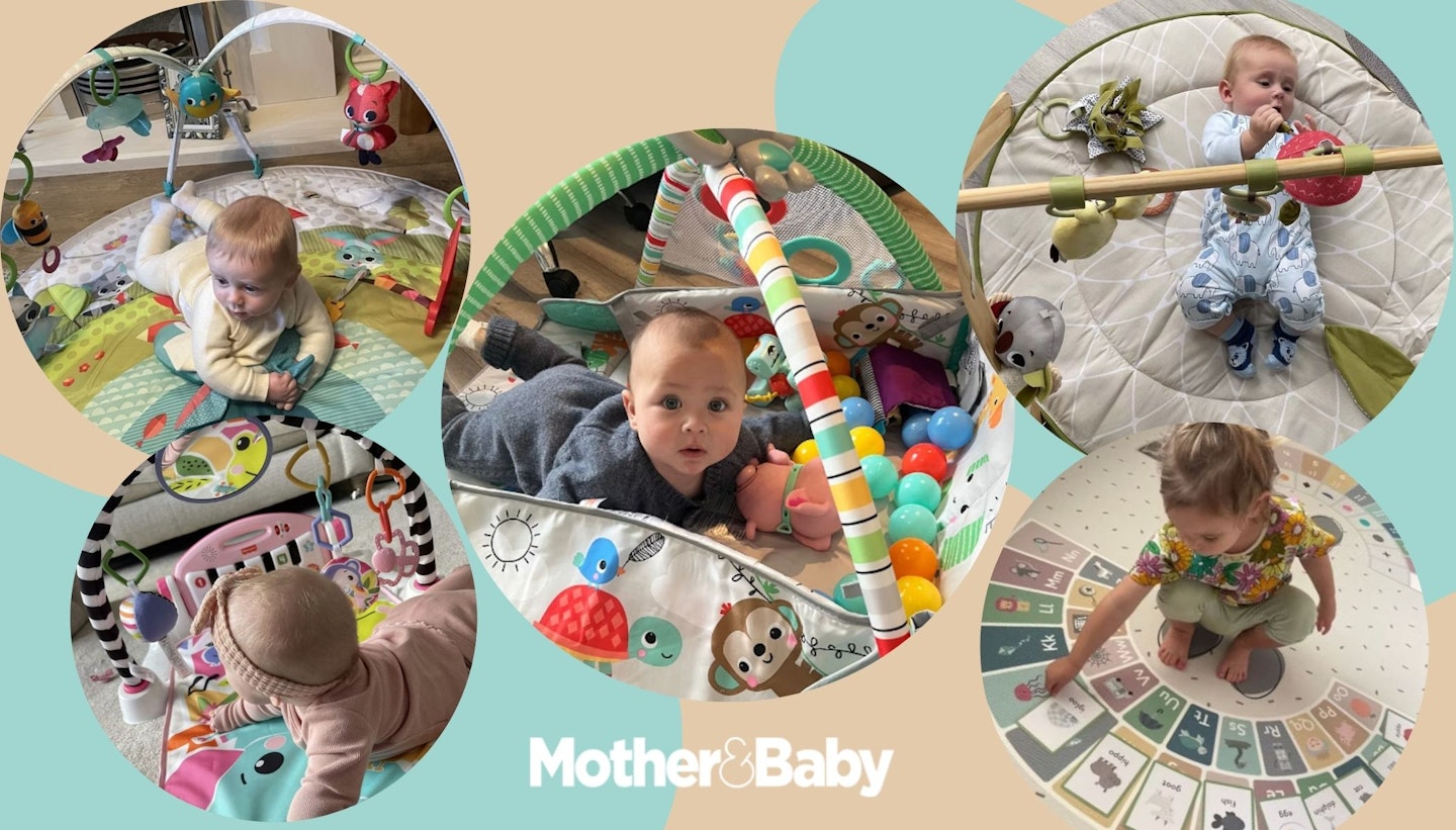 A collage of babies exploring and testing the best baby play gyms and play mats.