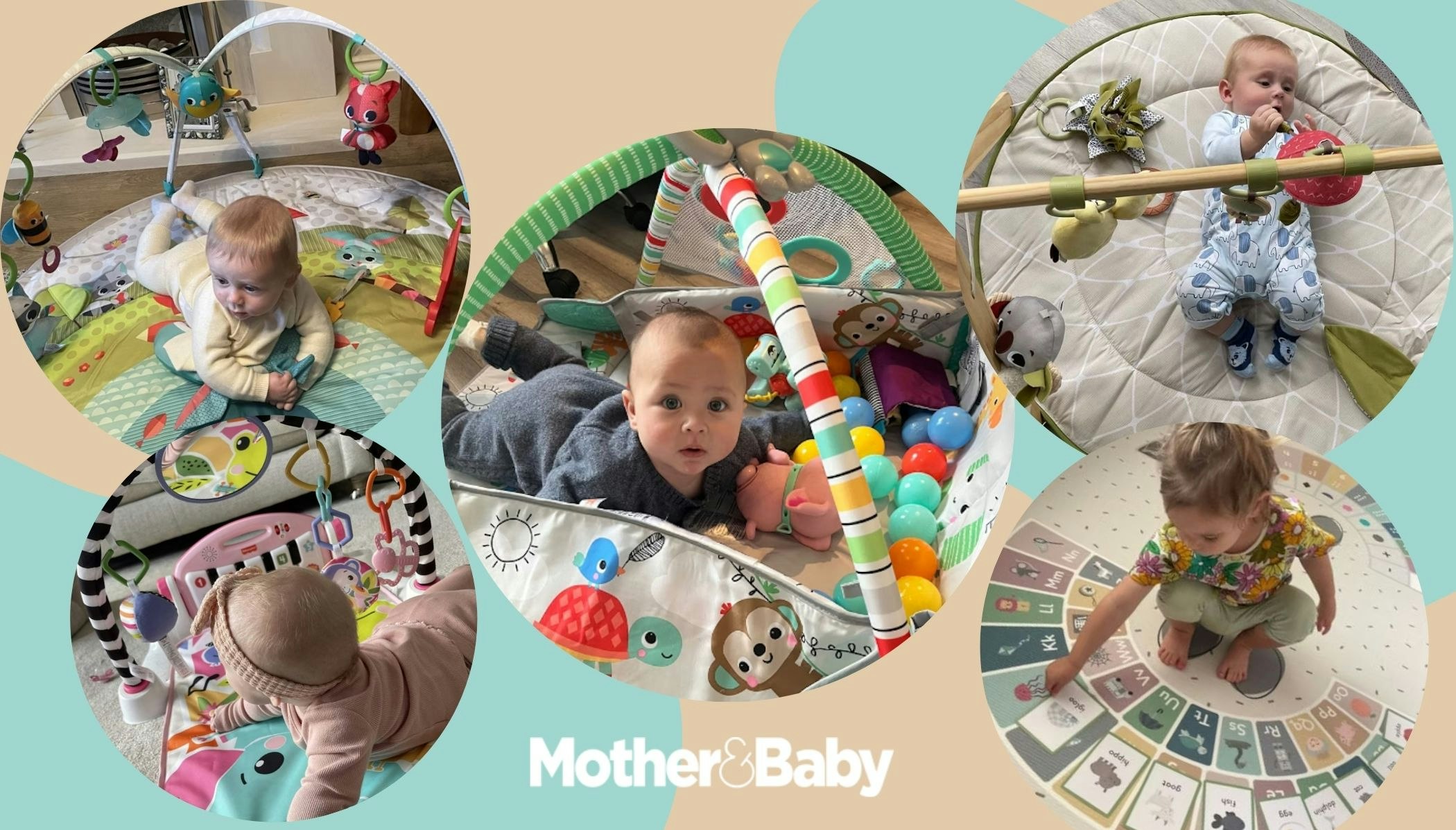 A collage of babies exploring and testing the best baby play gyms and play mats.