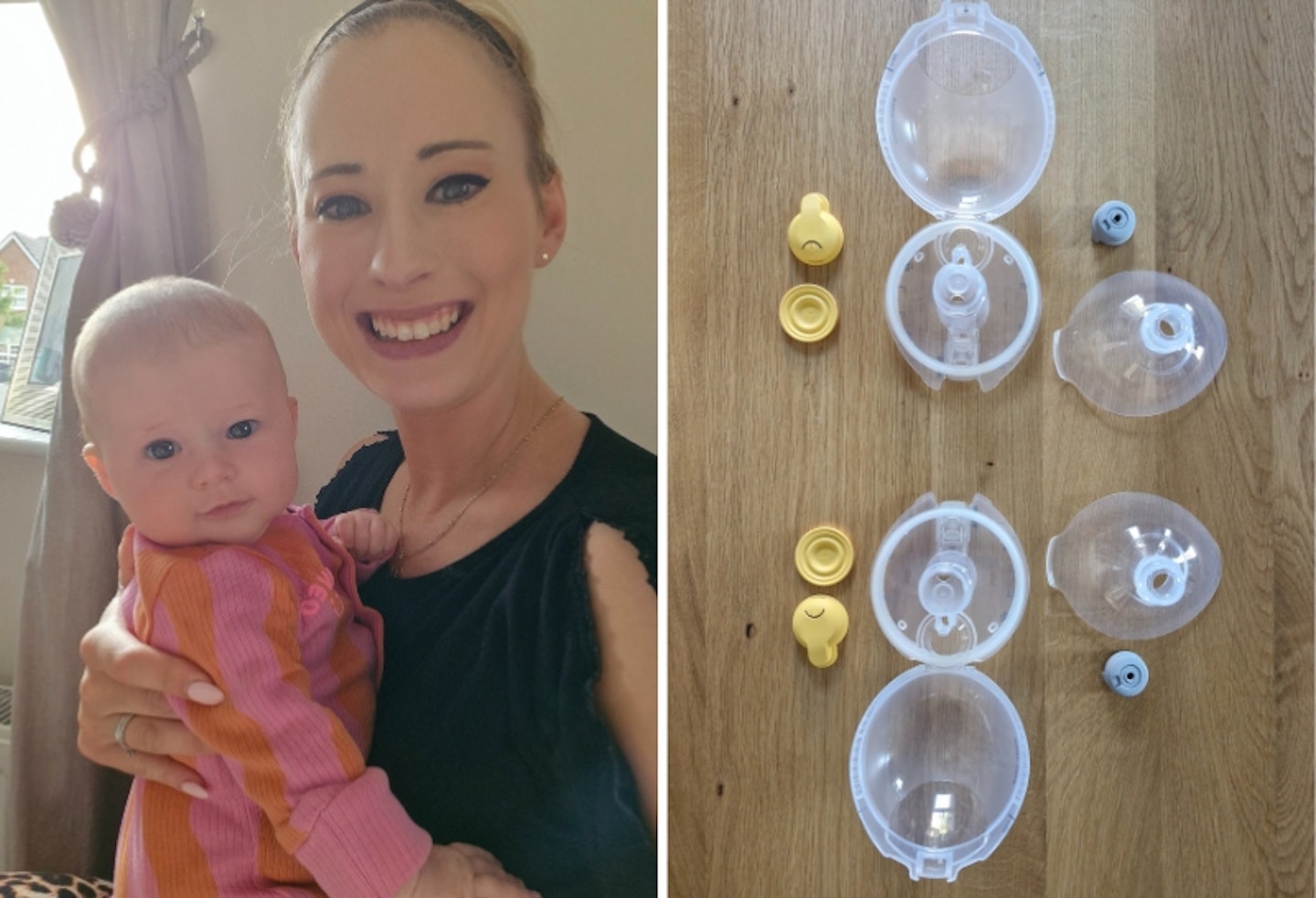 our mum tester and her baby, and the components of the Medela Magic InBra