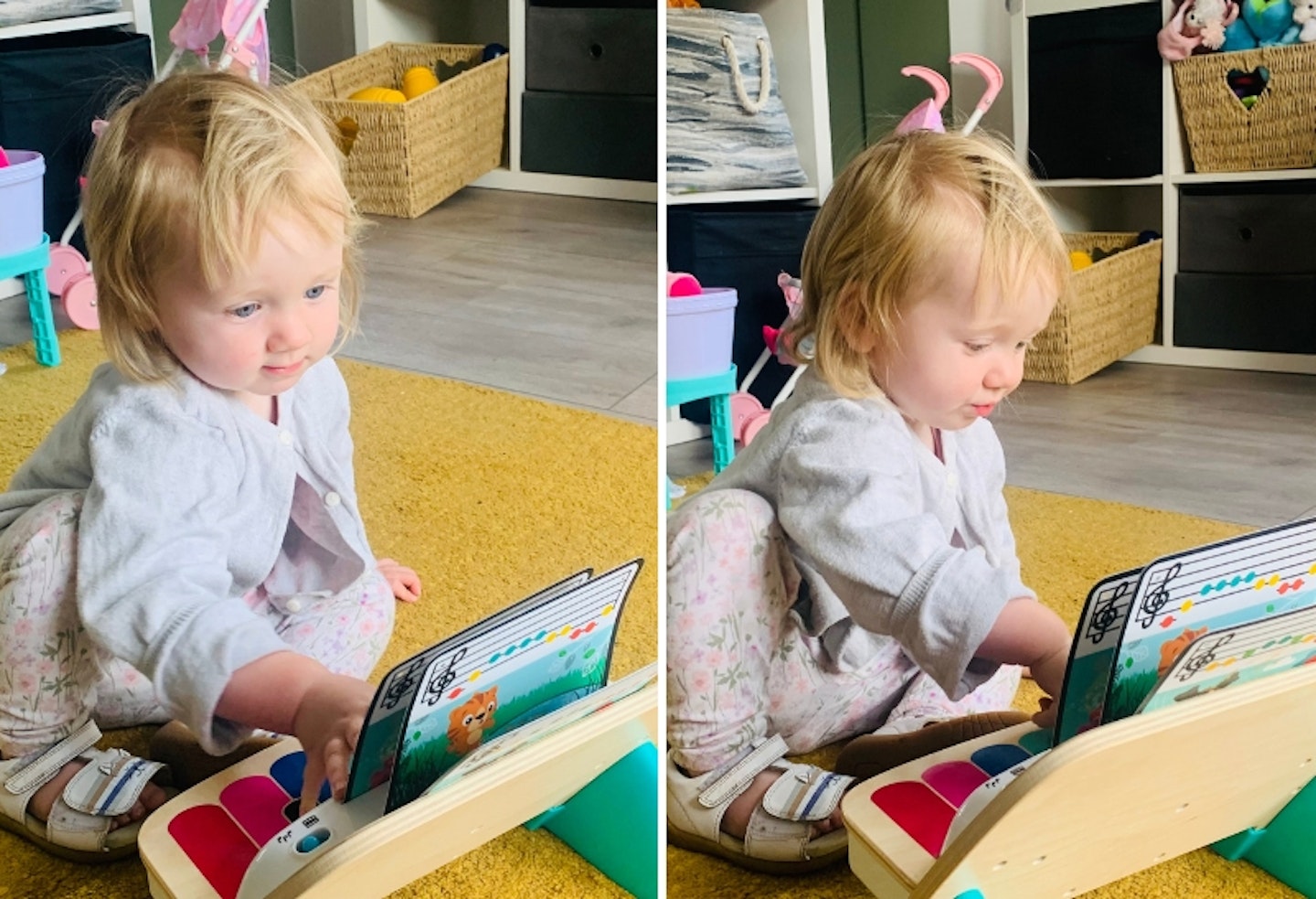the Baby Einstein Hape Magic Touch Piano being used by a toddler