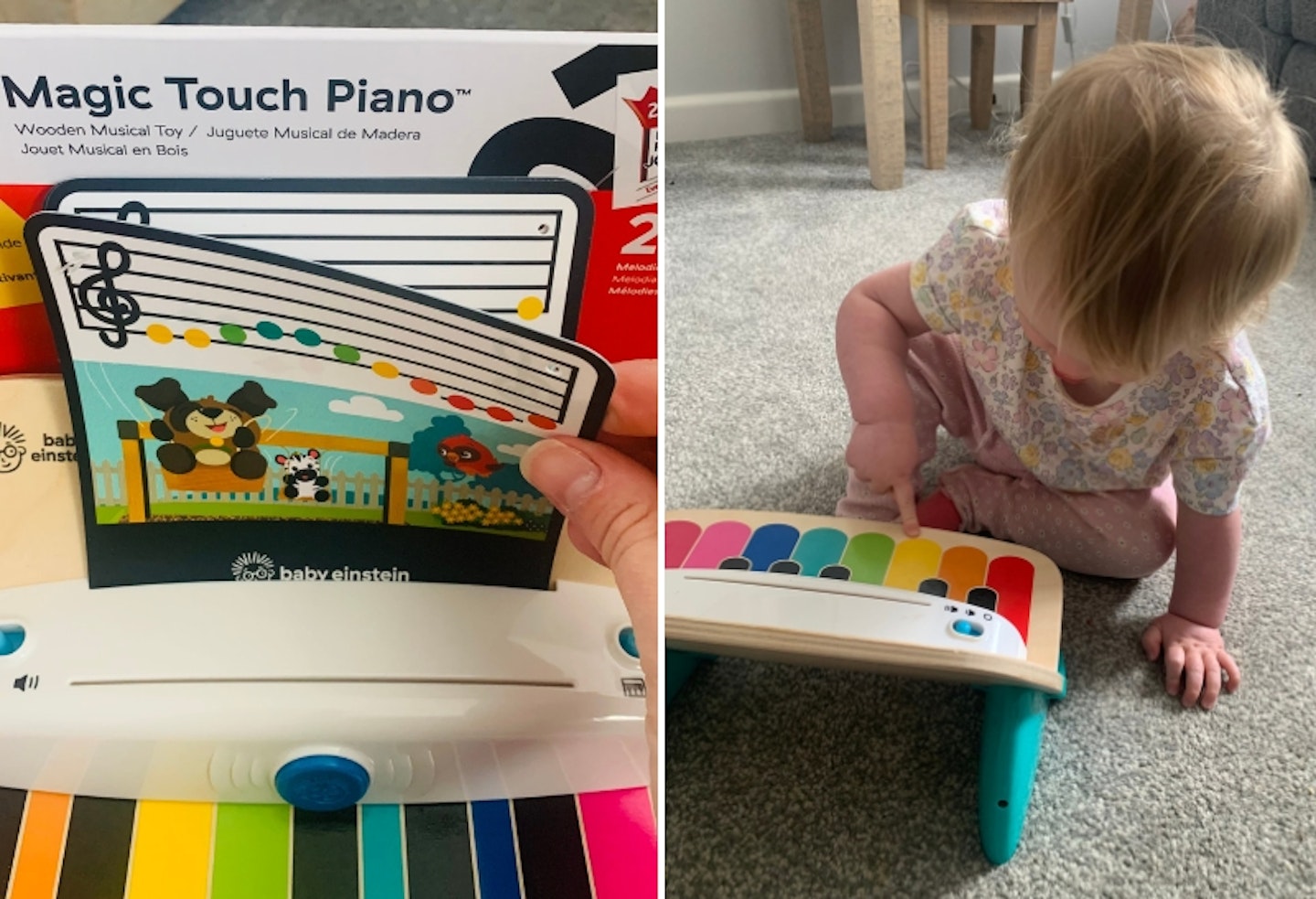 music sheets and the Baby Einstein Hape Magic Touch Piano being used by a toddler