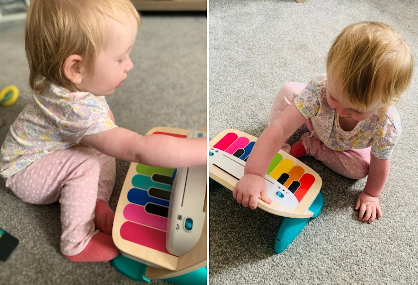 the Baby Einstein Hape Magic Touch Piano being used by a toddler