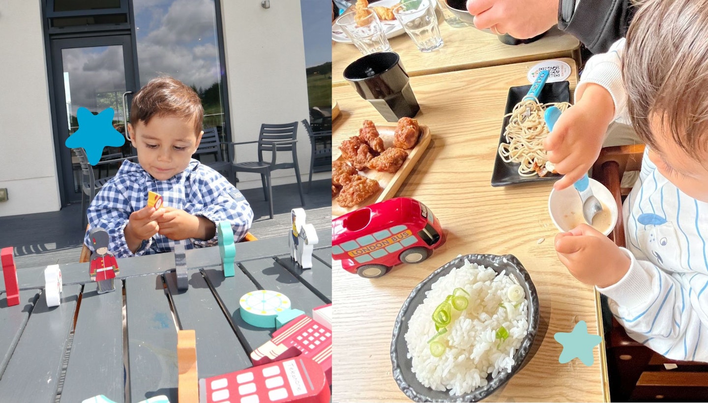 Collage of a toddler happily playing with travel toys while waiting at a restaurant.