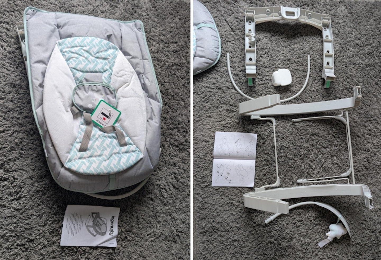 Ingenuity Keep Cozy 3-in-1 Grow with Me Bounce and Rock seat before being assembled