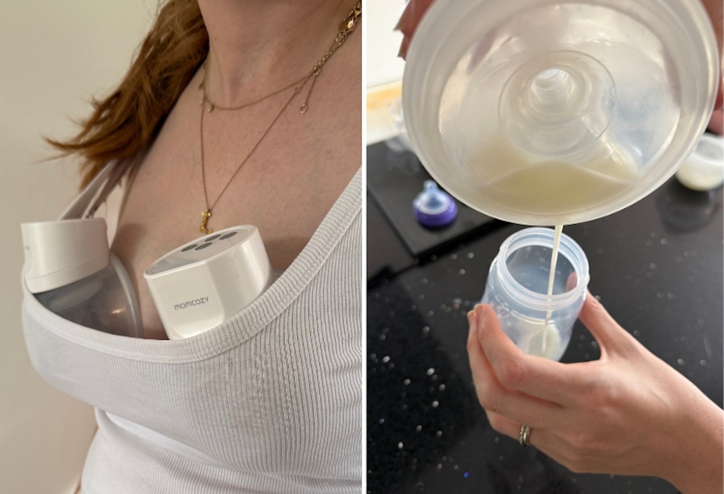 the Momcozy Wearable Breast Pump S12 Pro being worn and milk poured into a bottle