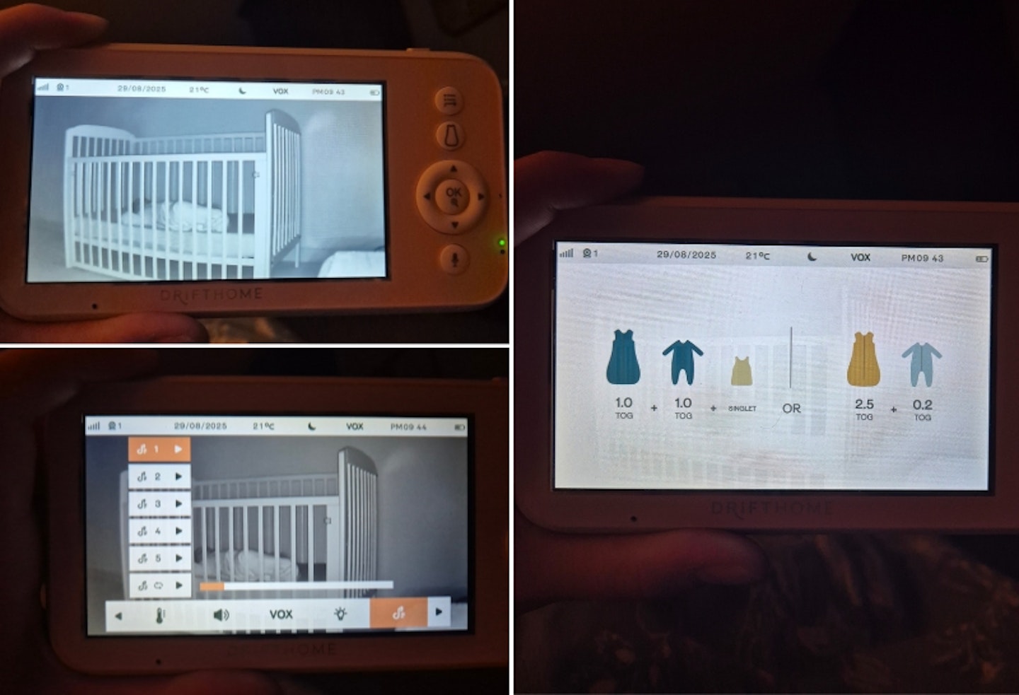 screen views on the ergoPouch Drift Home Easy Sleep Monitor with Smart TOG Guide