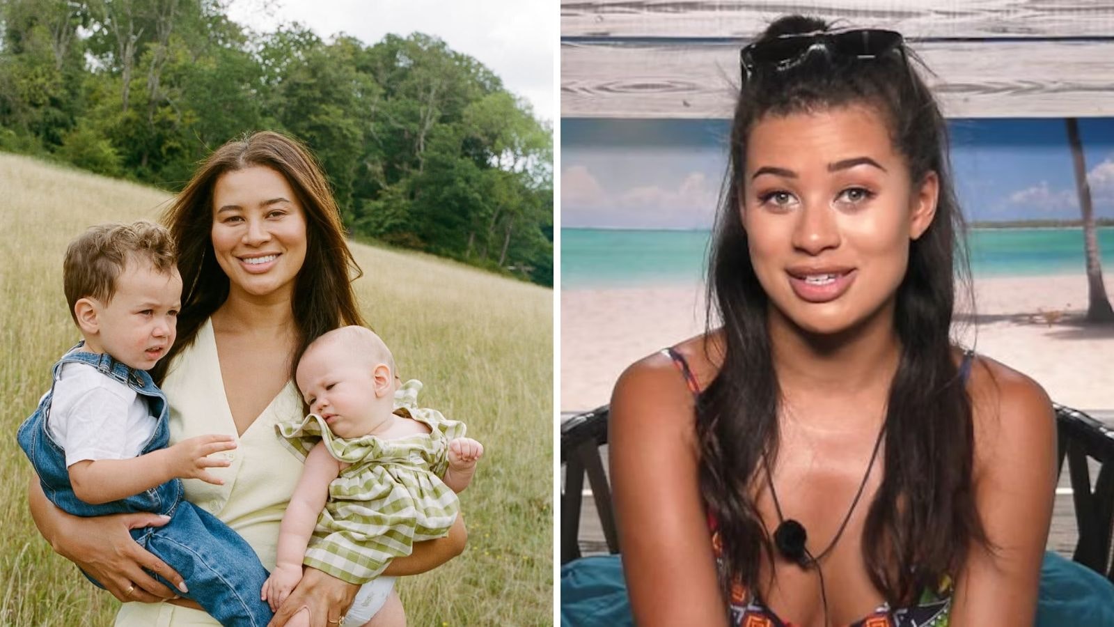 Love Island contestant Montana Brown. Left image her and her two children Miley and Abel. Right image, Montana on Love Island.