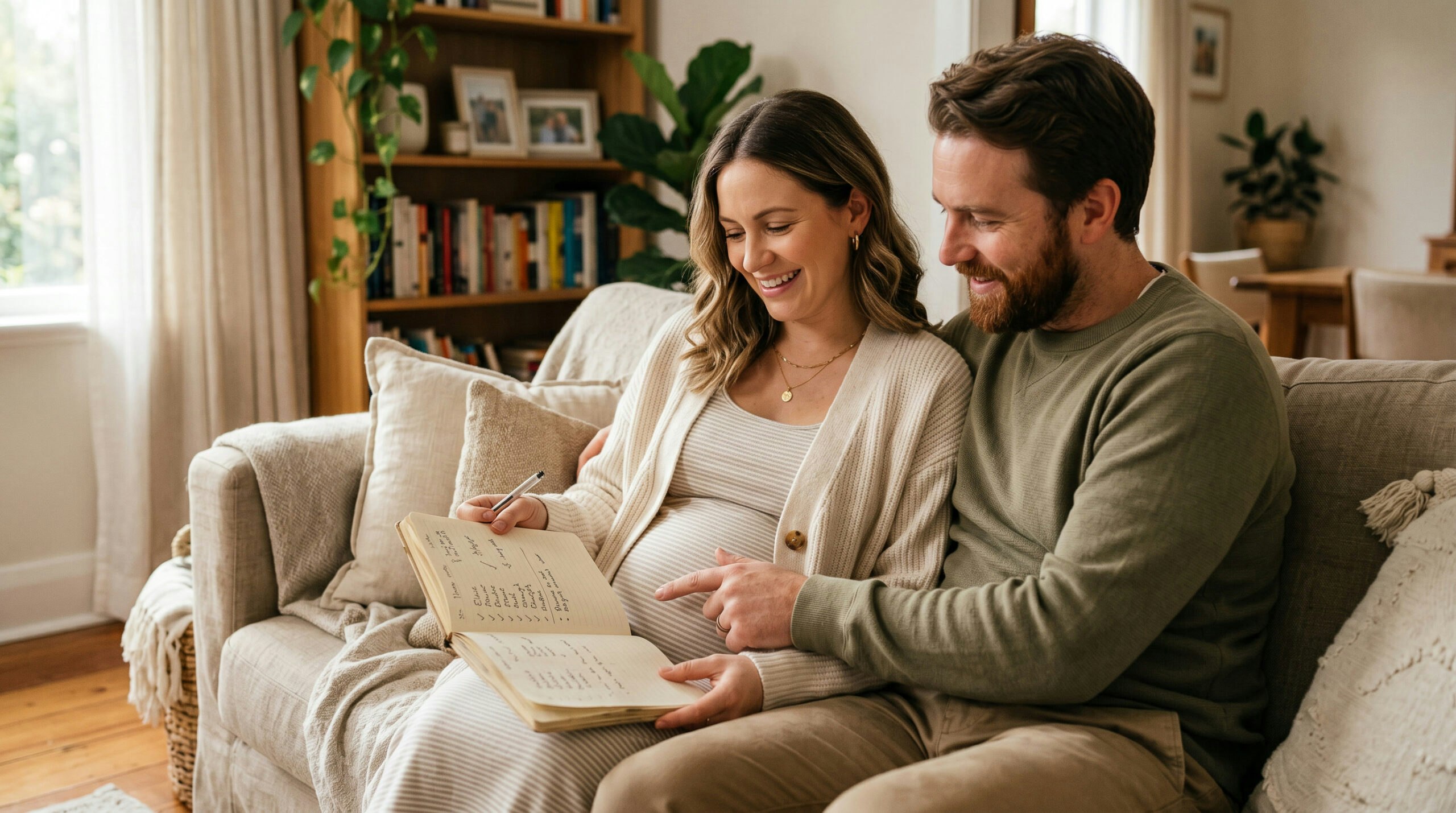 Parents looking a notebook smiling trying to choose the best baby names.