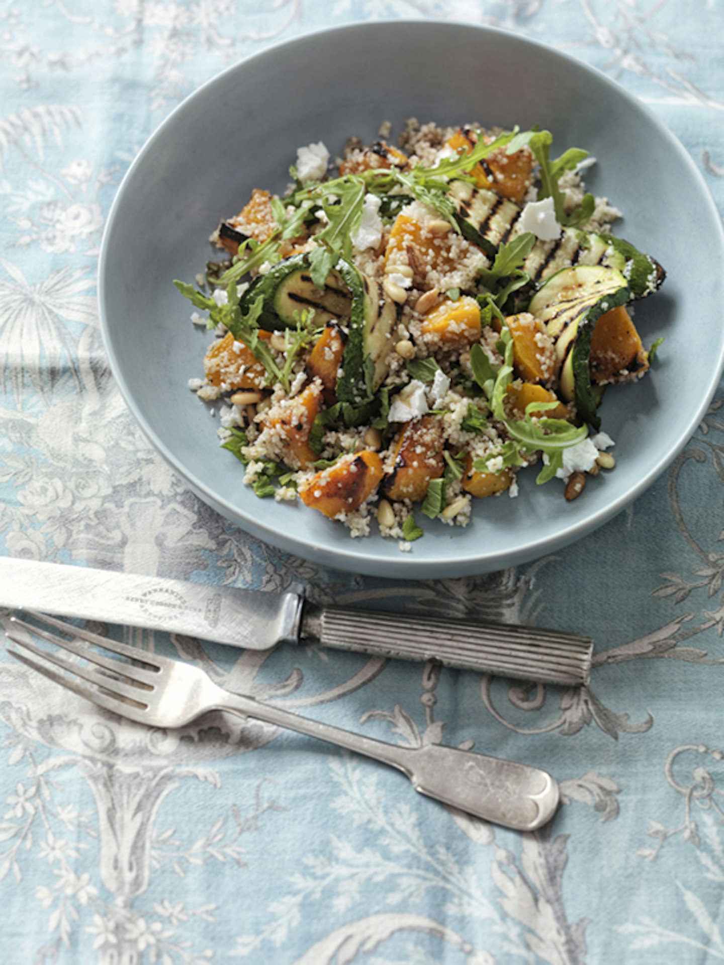 Rosemary-roasted butternut, courgette, amaranth and barley couscous salad