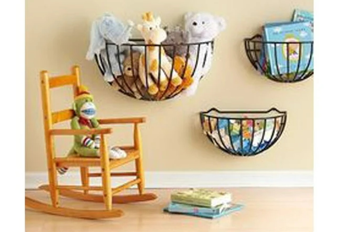 Lots of toys in garden baskets on walls