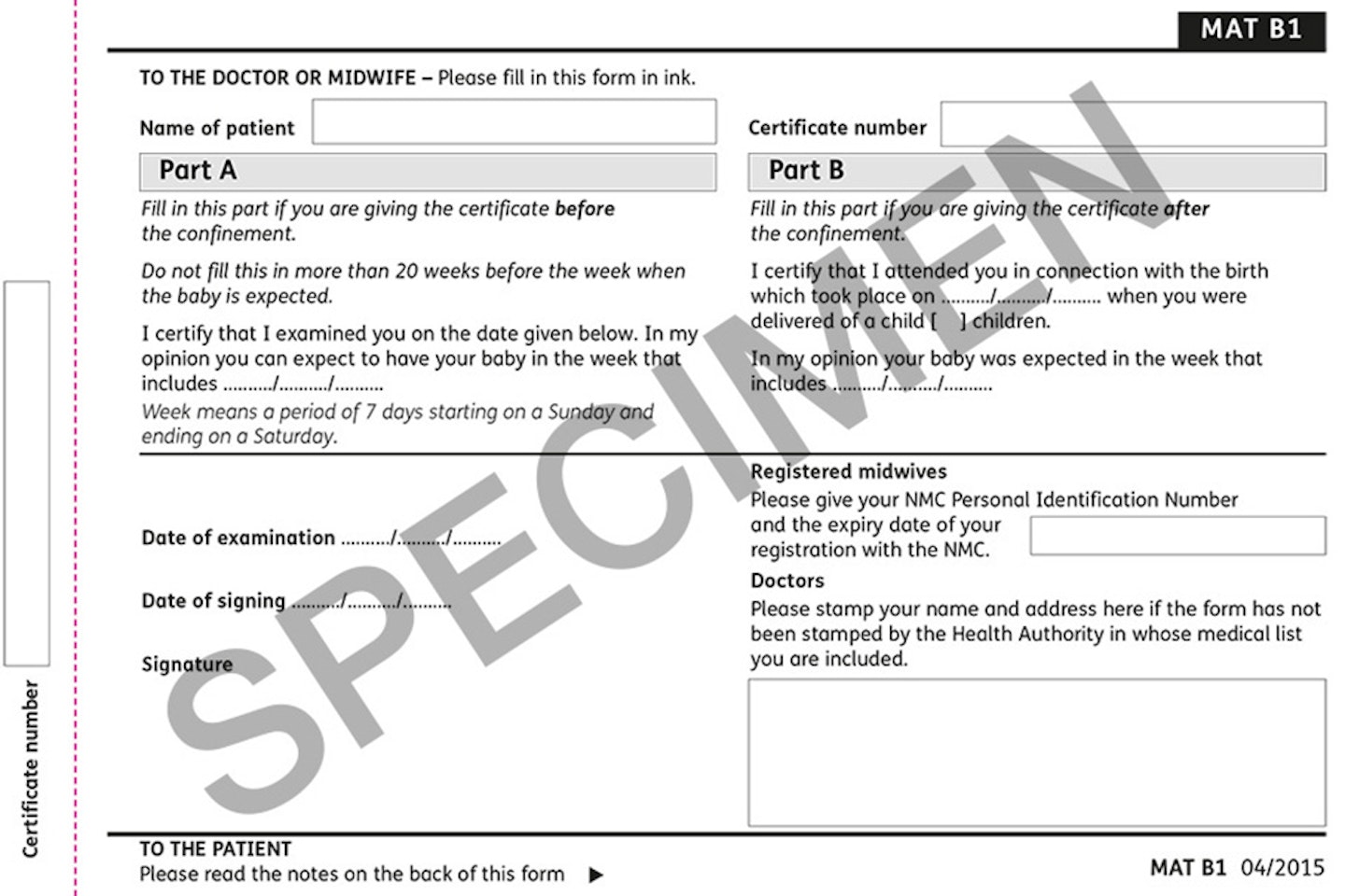 A specimen Mat B1 form