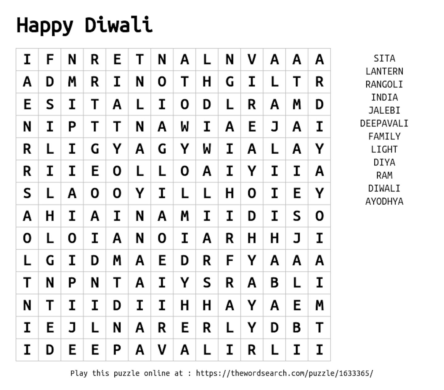 Diwali word search