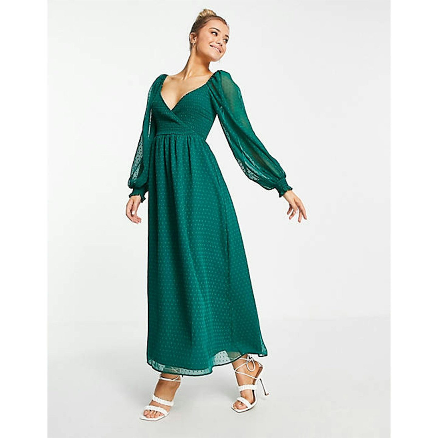 Title ASOS DESIGN dobby shirred wrap frill waist maxi dress