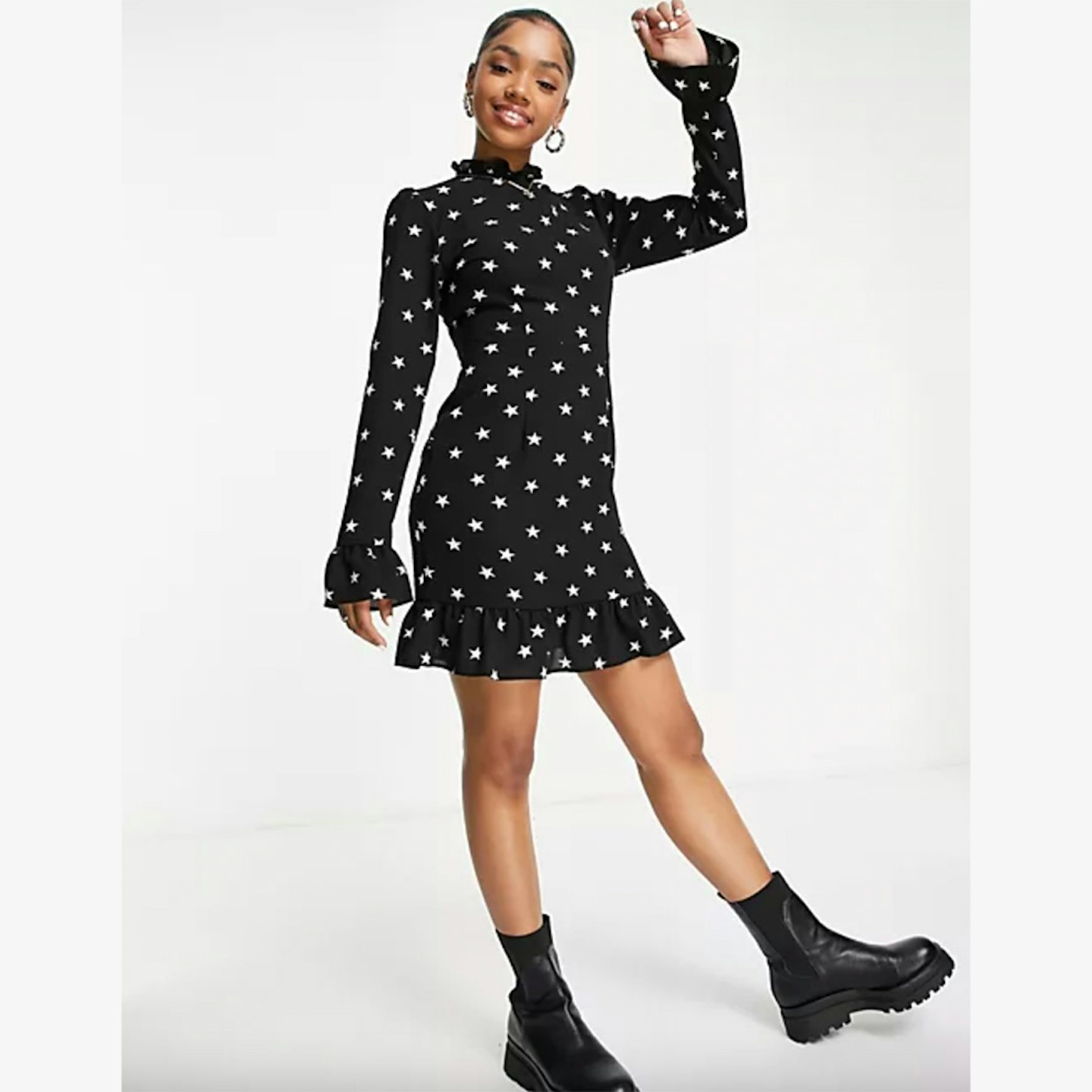 ASOS DESIGN frill neck mini dress with fluted three quarter sleeves in star print