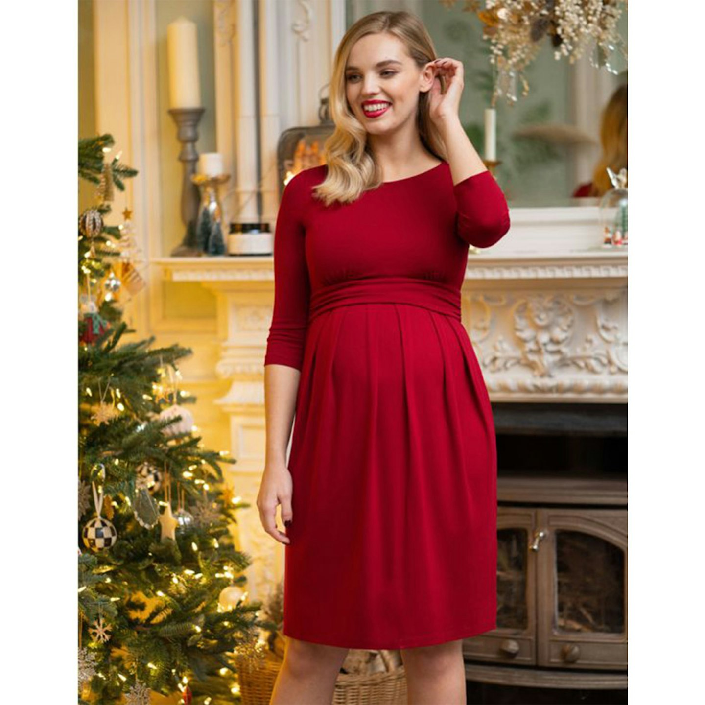 Claret Red 3/4 Length Sleeve Maternity & Nursing Dress