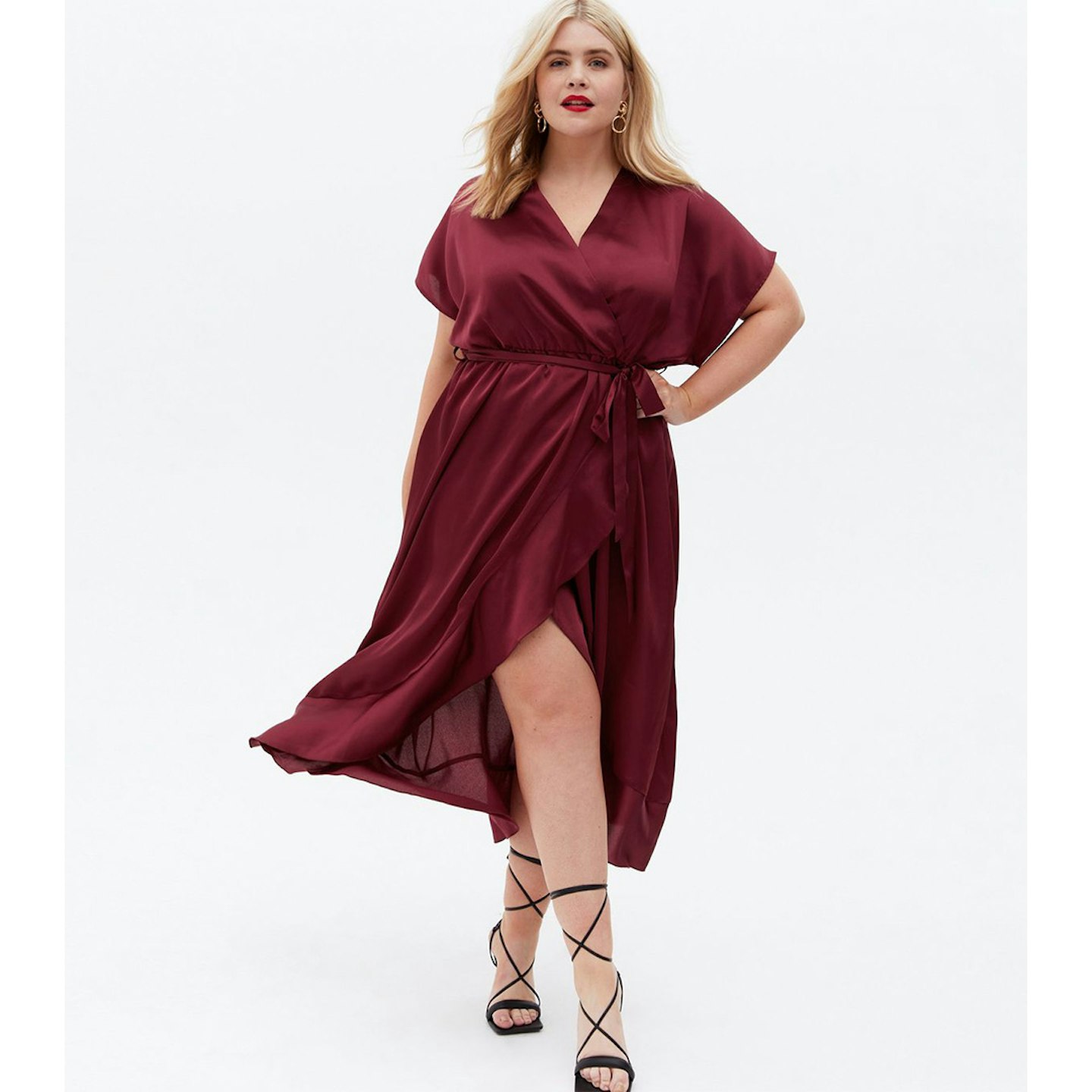 Curves Burgundy Satin Midi Wrap Dress