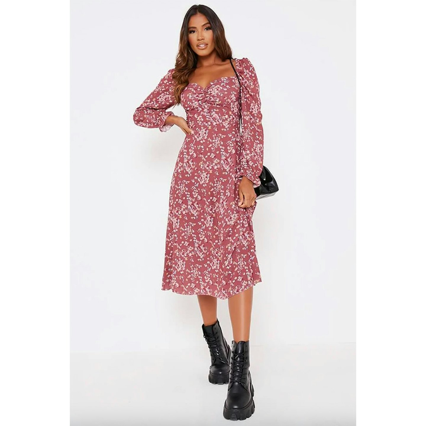 Floral Long Puff Sleeve Midi Smock Dress