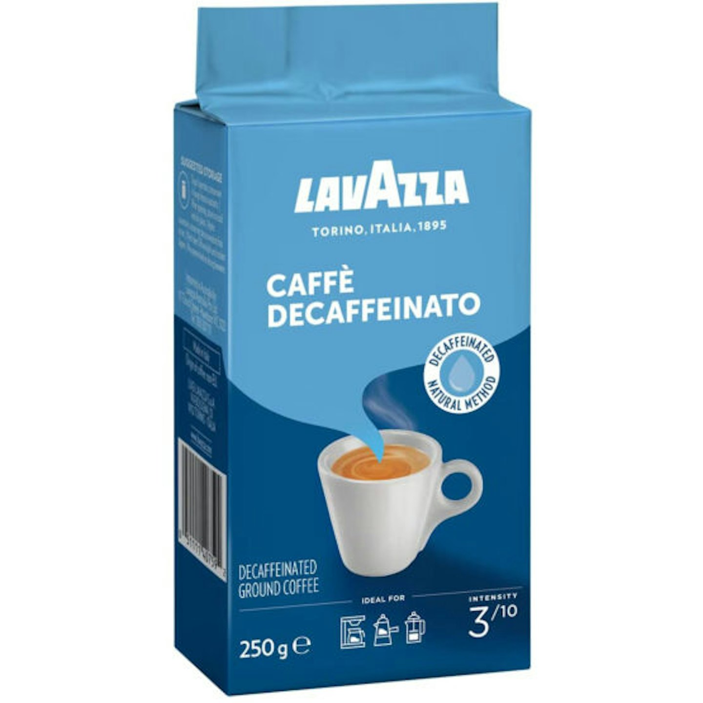 A pack of Lavazza Caffe Decaffeinated Ground Coffee with a blue design