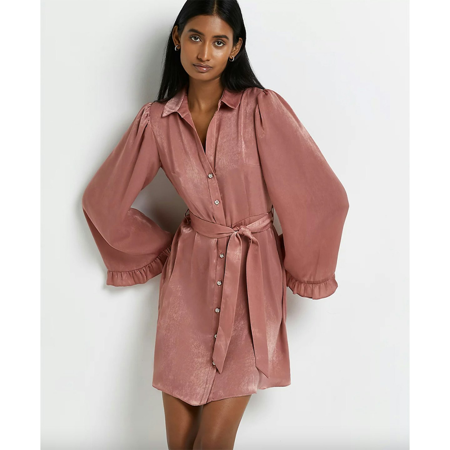 Pink tie waist shirt dress
