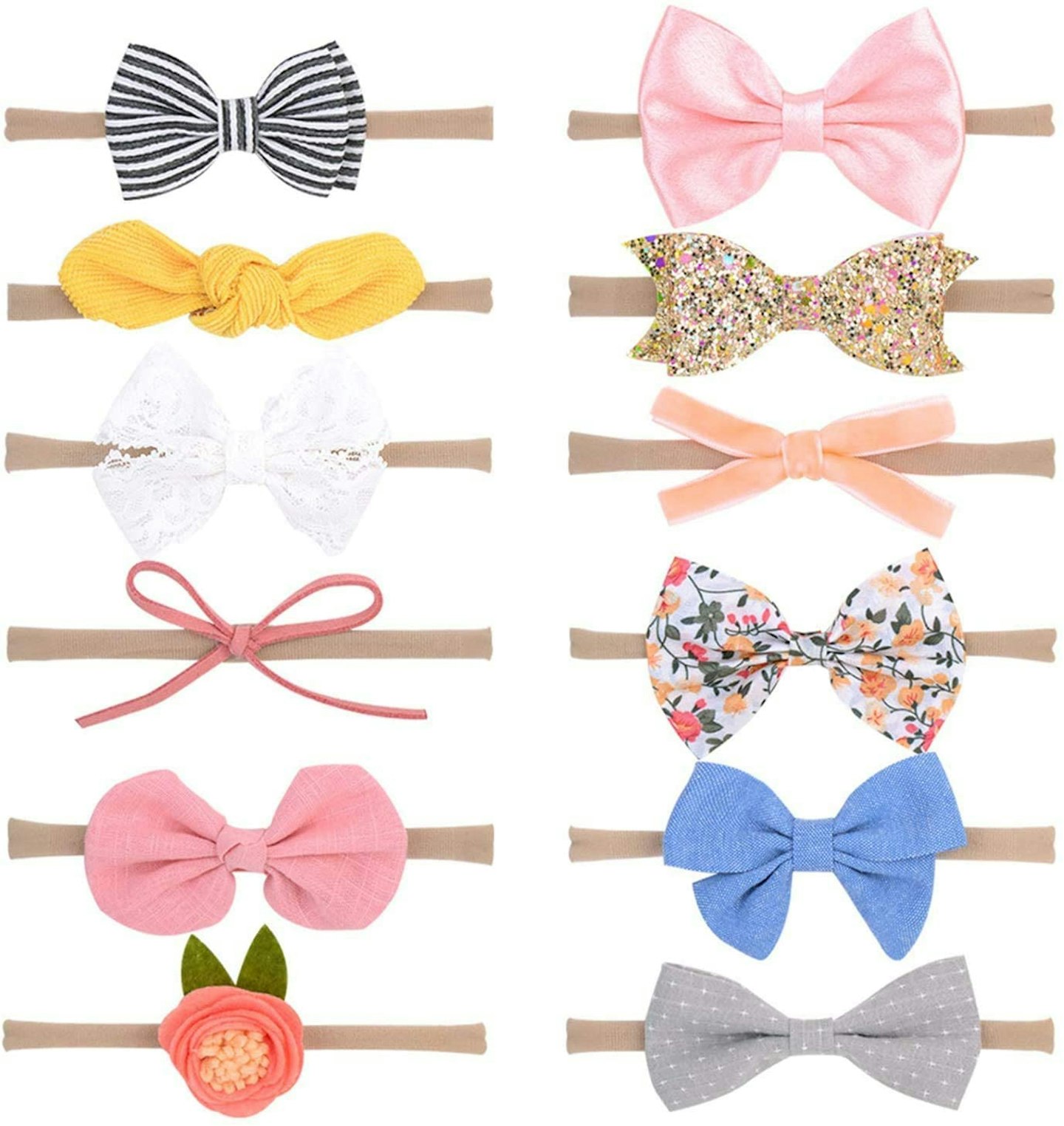 12pcs 2 Patterns Solid Color Ribbons Bow Hair Clip Set For Girls
