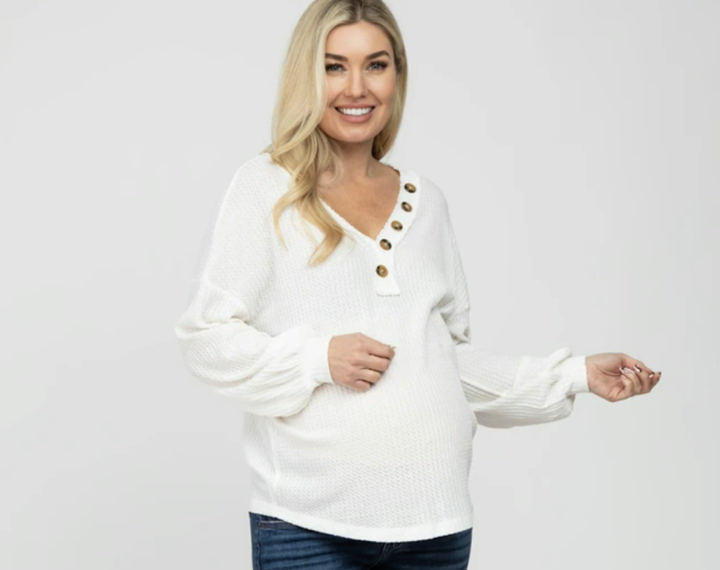 White Waffle Knit Button Accent Maternity Top