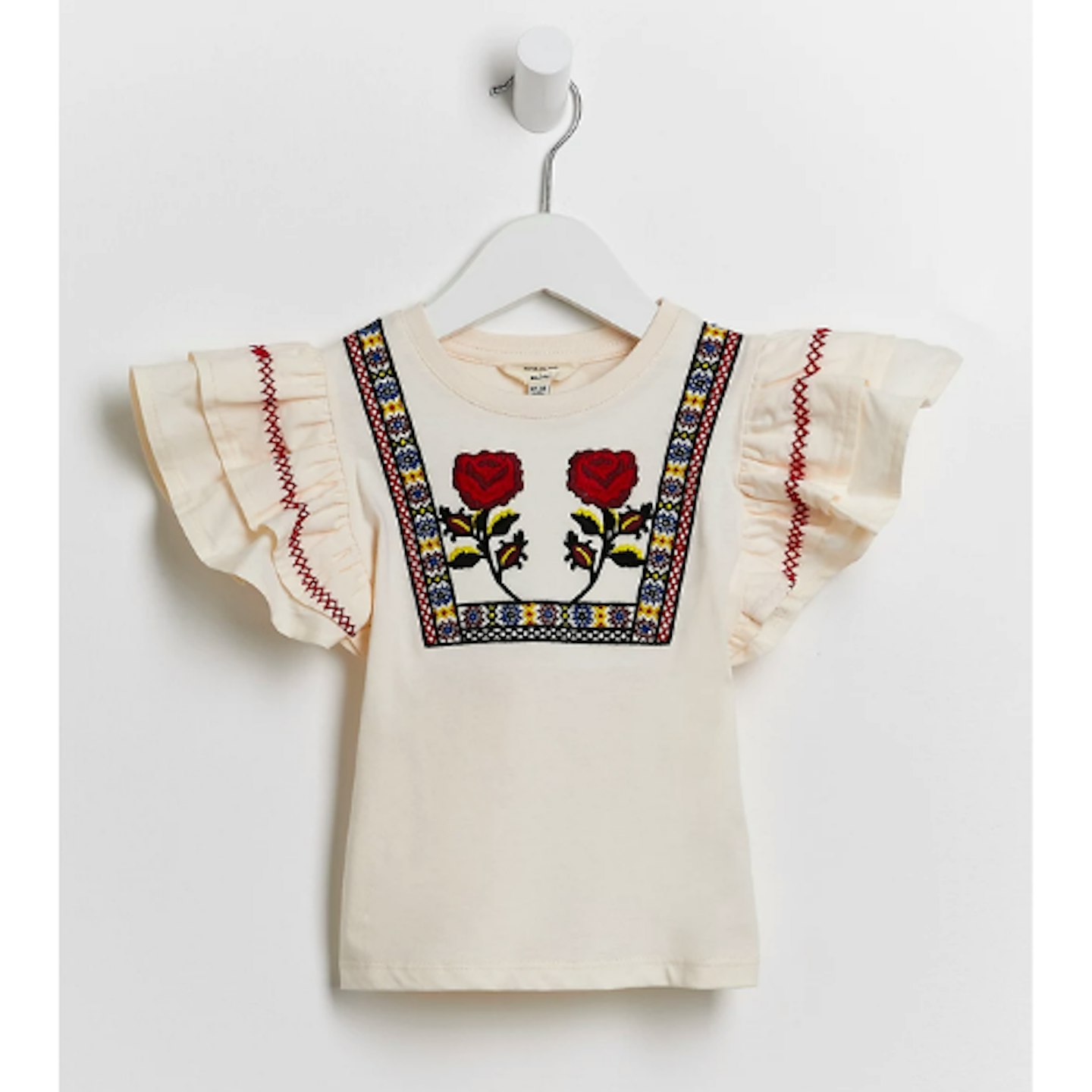 River Island Mini Girls White Frill Embroidered T-Shirt