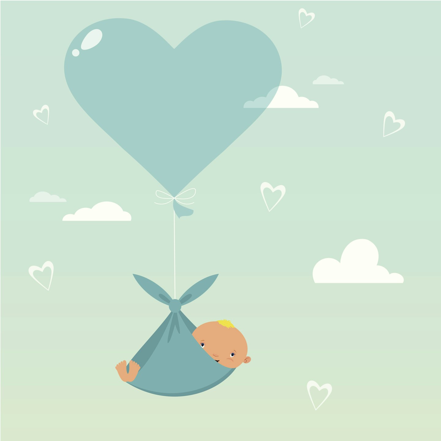 Baby hanging in a sling from a blue heart balloon