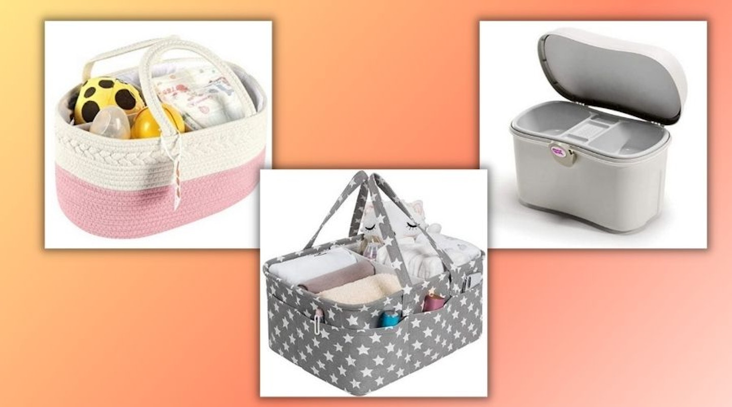 A selection of baby changing boxes on a colourful orange background