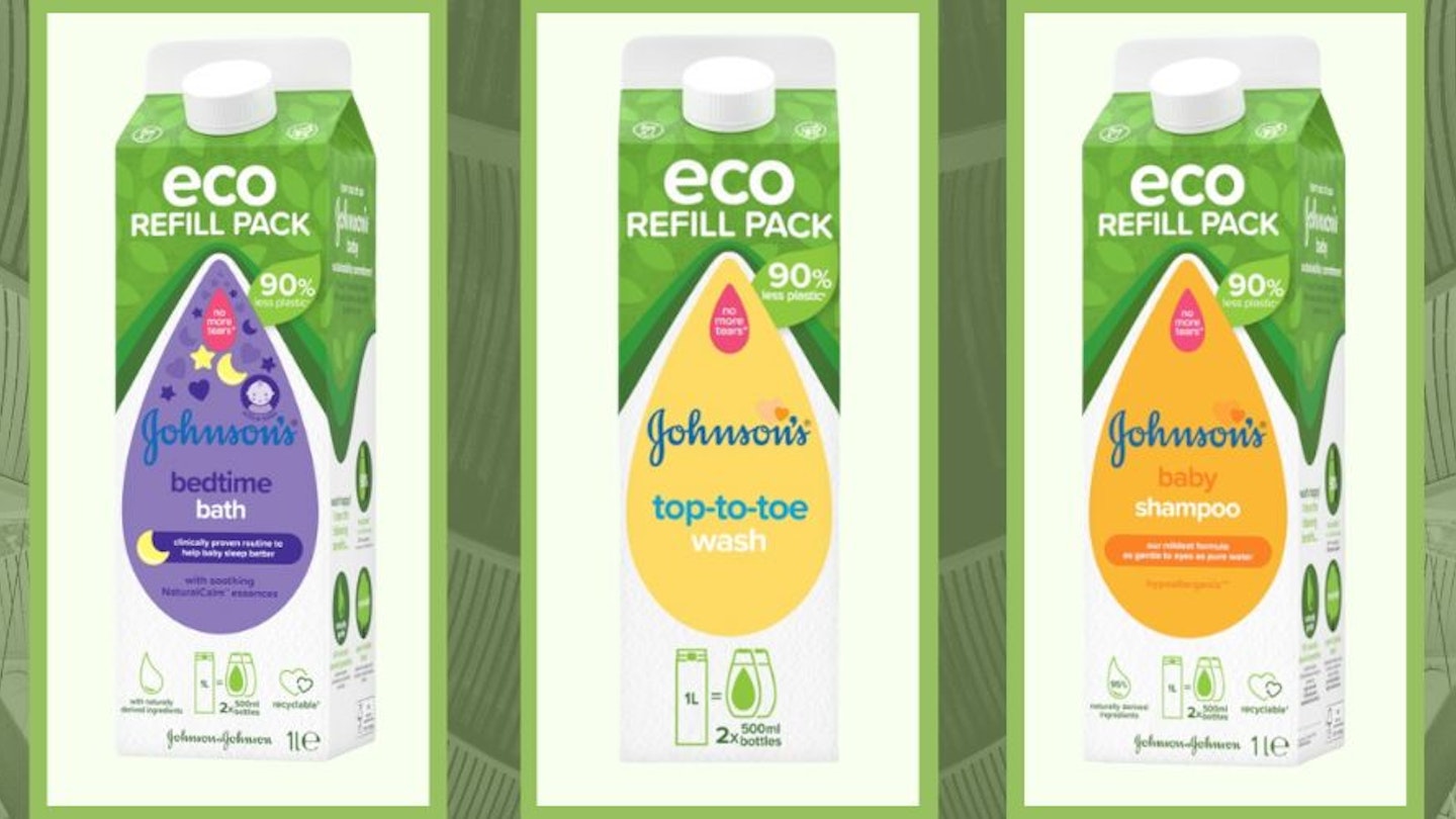 A graphic showcasing the three products launched in Johnson's Baby eco-refill range