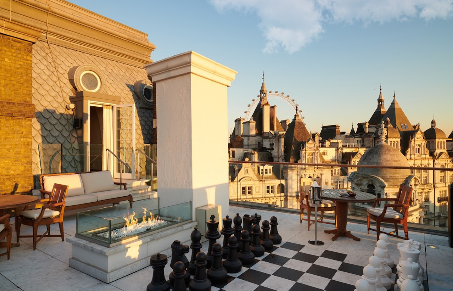 The rooftop at Corinthia London showing a large chess board