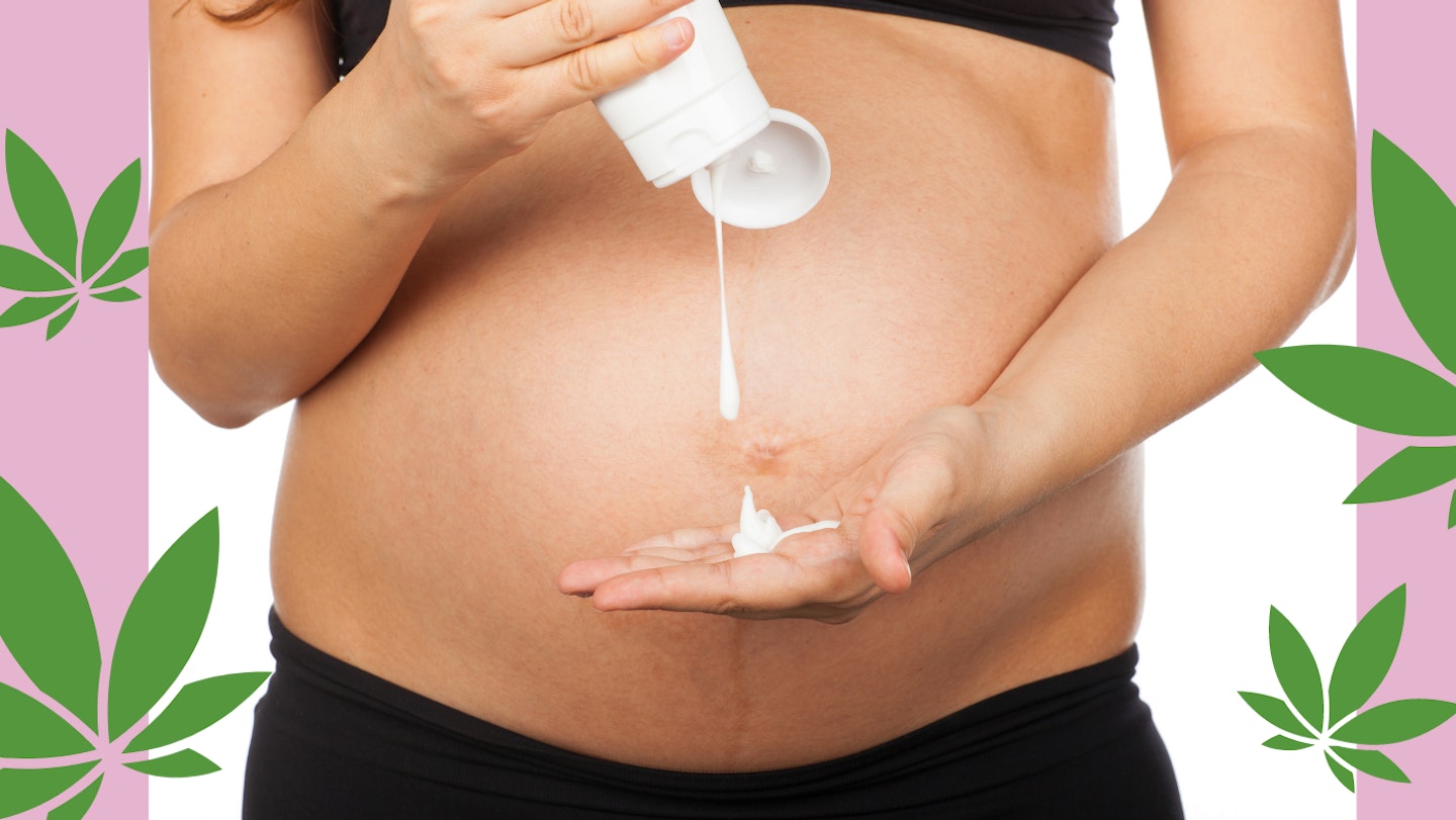 pregnant woman rubbing lotion on tummy