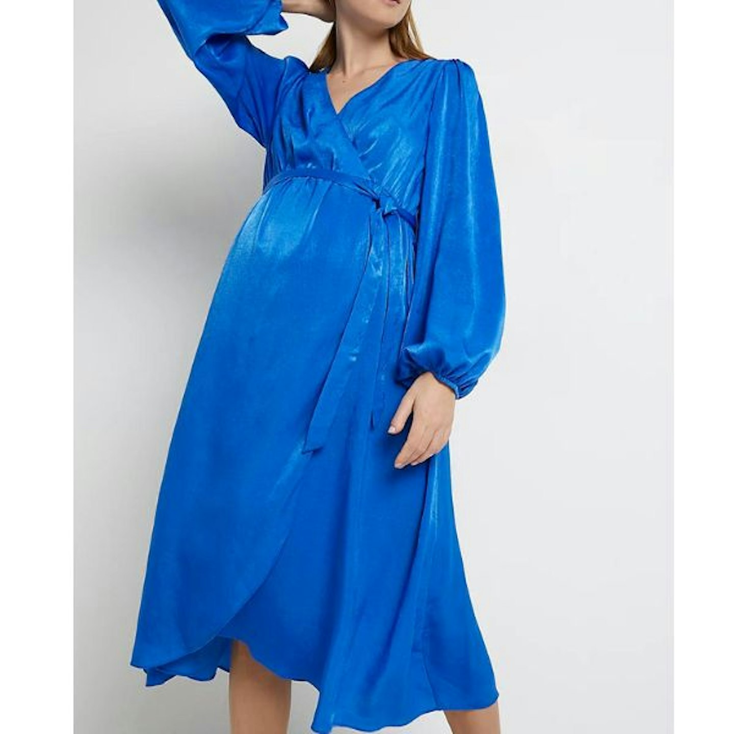 Blue Satin Maternity Wrap Midi Dress