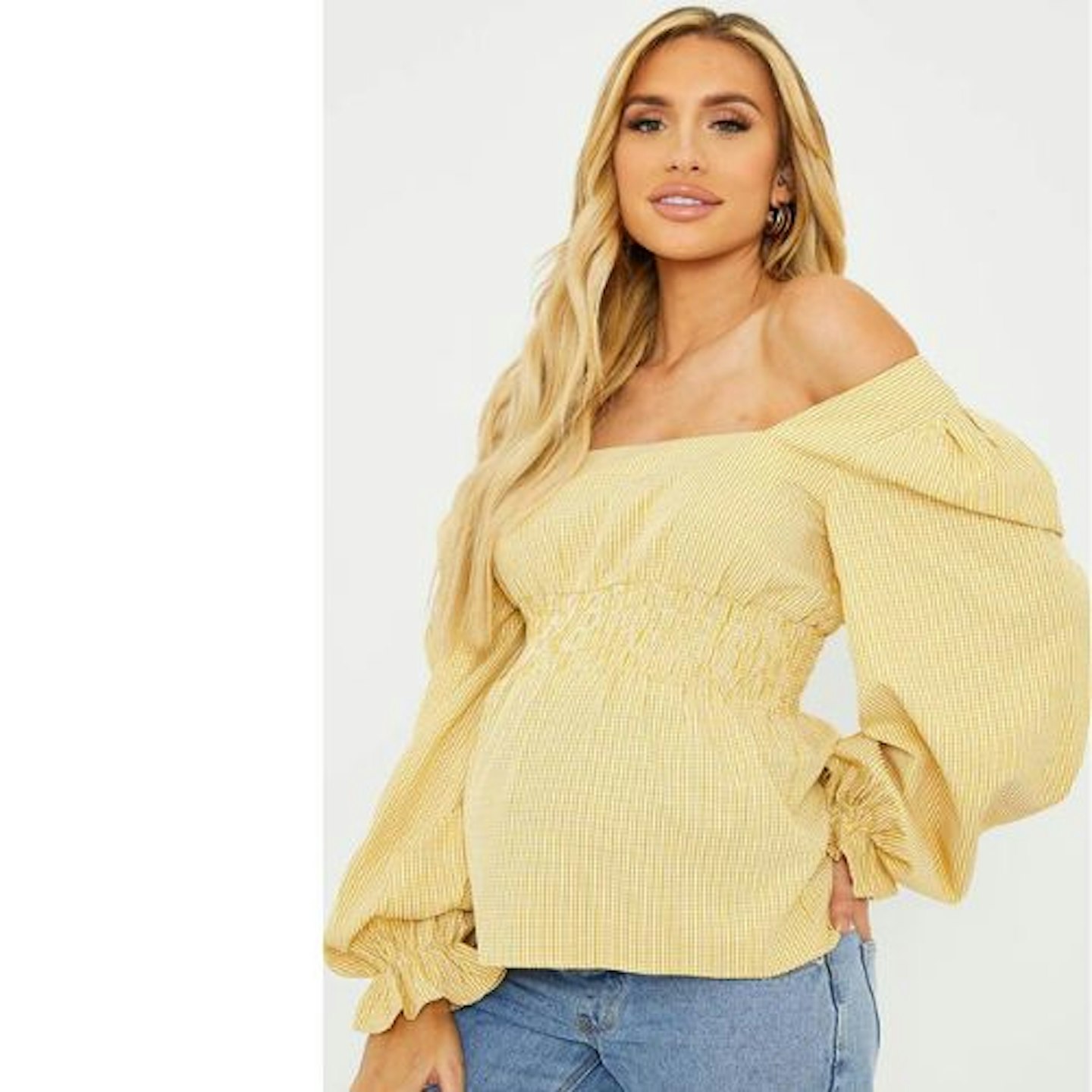 MATERNITY YELLOW CHECK SQUARE NECK SHIRRED BALLOON SLEEVE BLOUSE