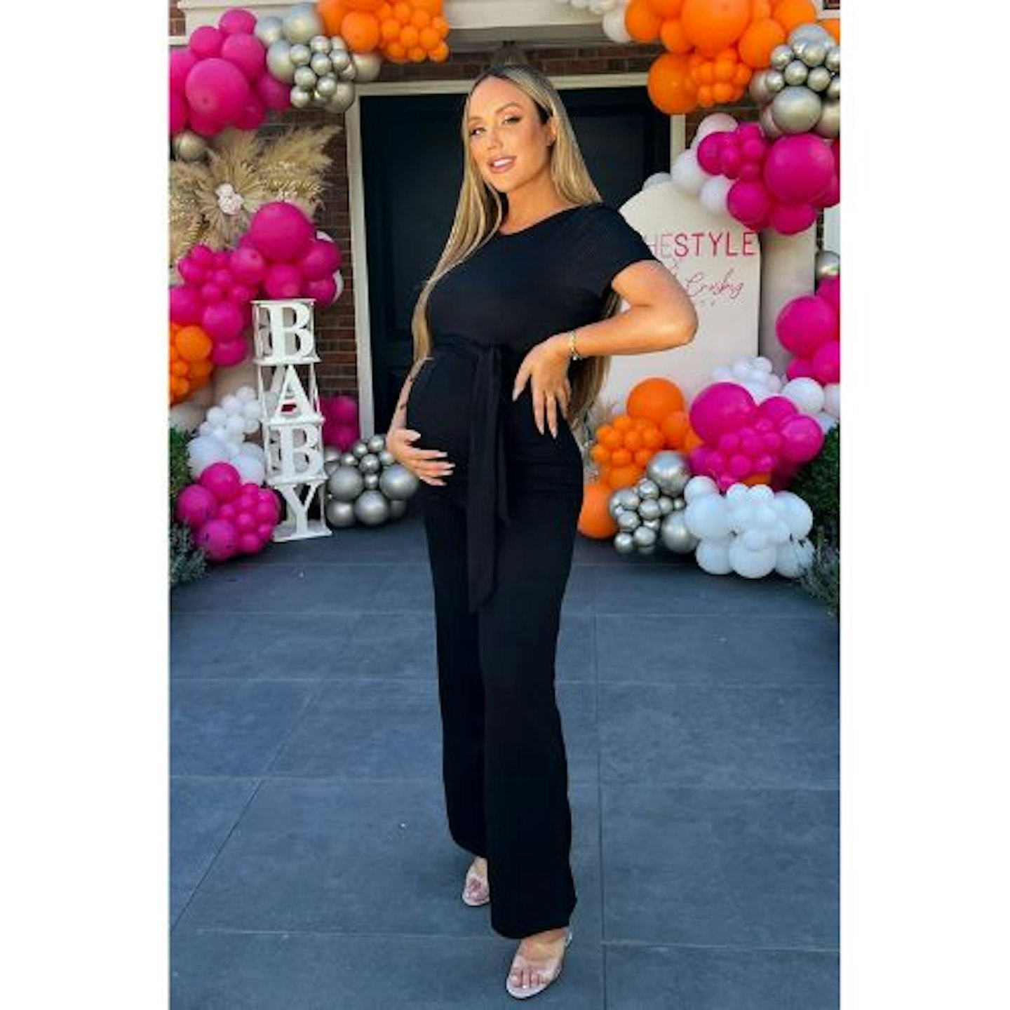 Charlotte Crosby Maternity Black Ribbed Tie Front Jumpsuit