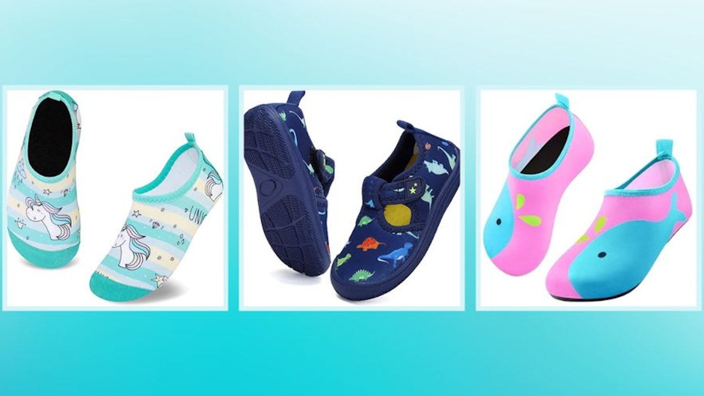 A selection of baby swim shoes on a blue gradient background