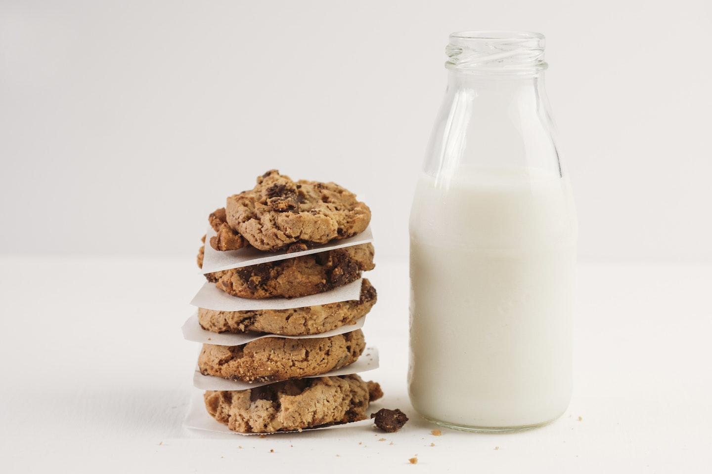 Stack of chocolate chip cookies beside bottle of milk