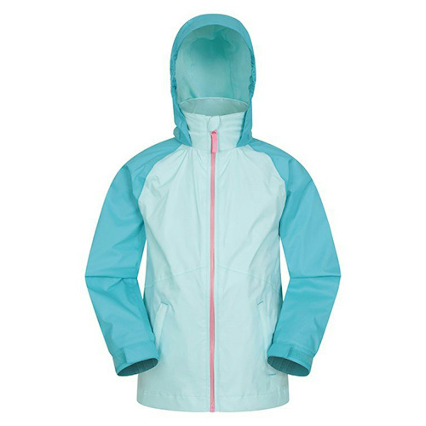Aqua blue coloured kids raincoat with hood and pink zip