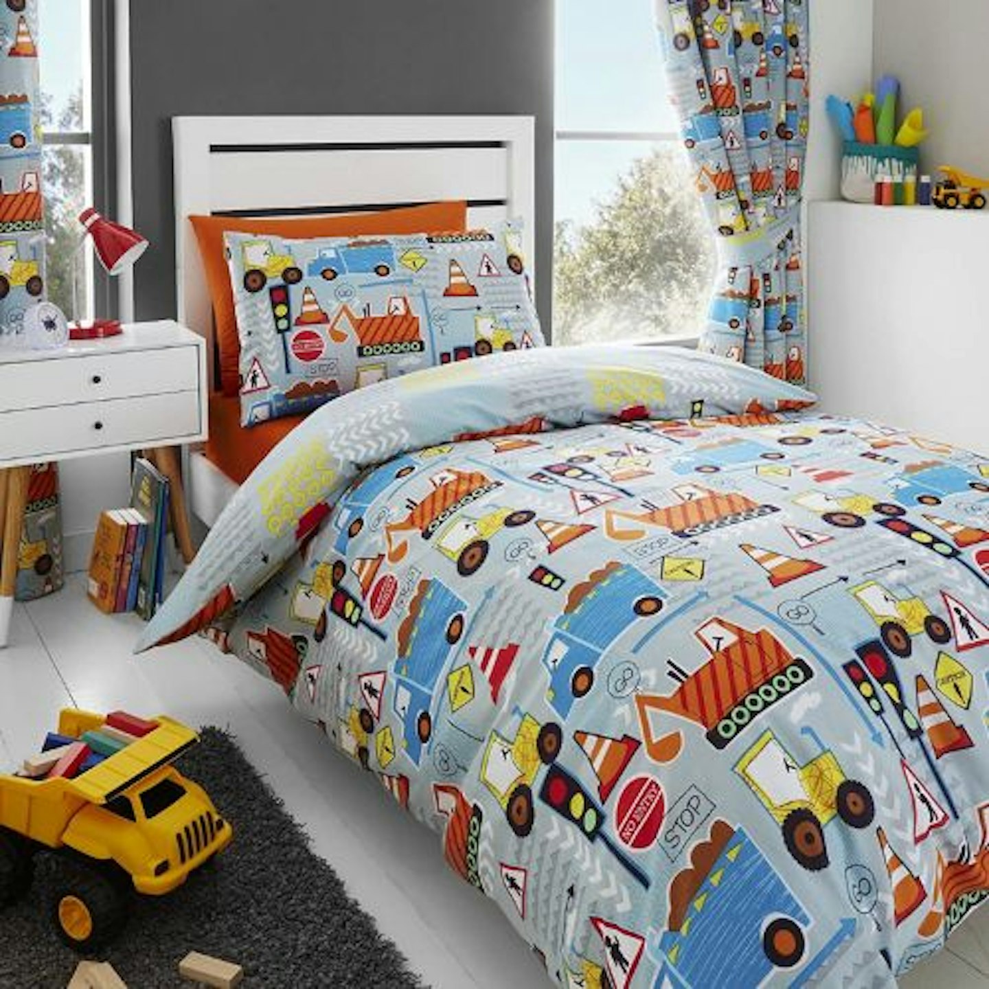 Kids Boys Big Digger Trucks Grey Toddler Cot Bed 