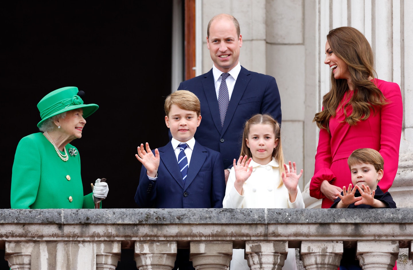 Queen Elizabeth II, Prince George of Cambridge, Prince William, Duke of Cambridge, Princess Charlotte of Cambridge, Catherine, Duchess of Cambridge and Prince Louis of Cambridge 
