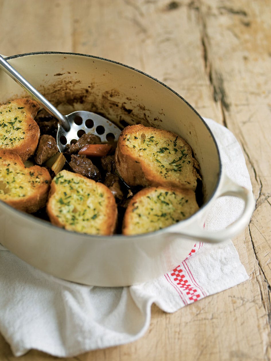 Beef Stew with Garlic Bread Topping