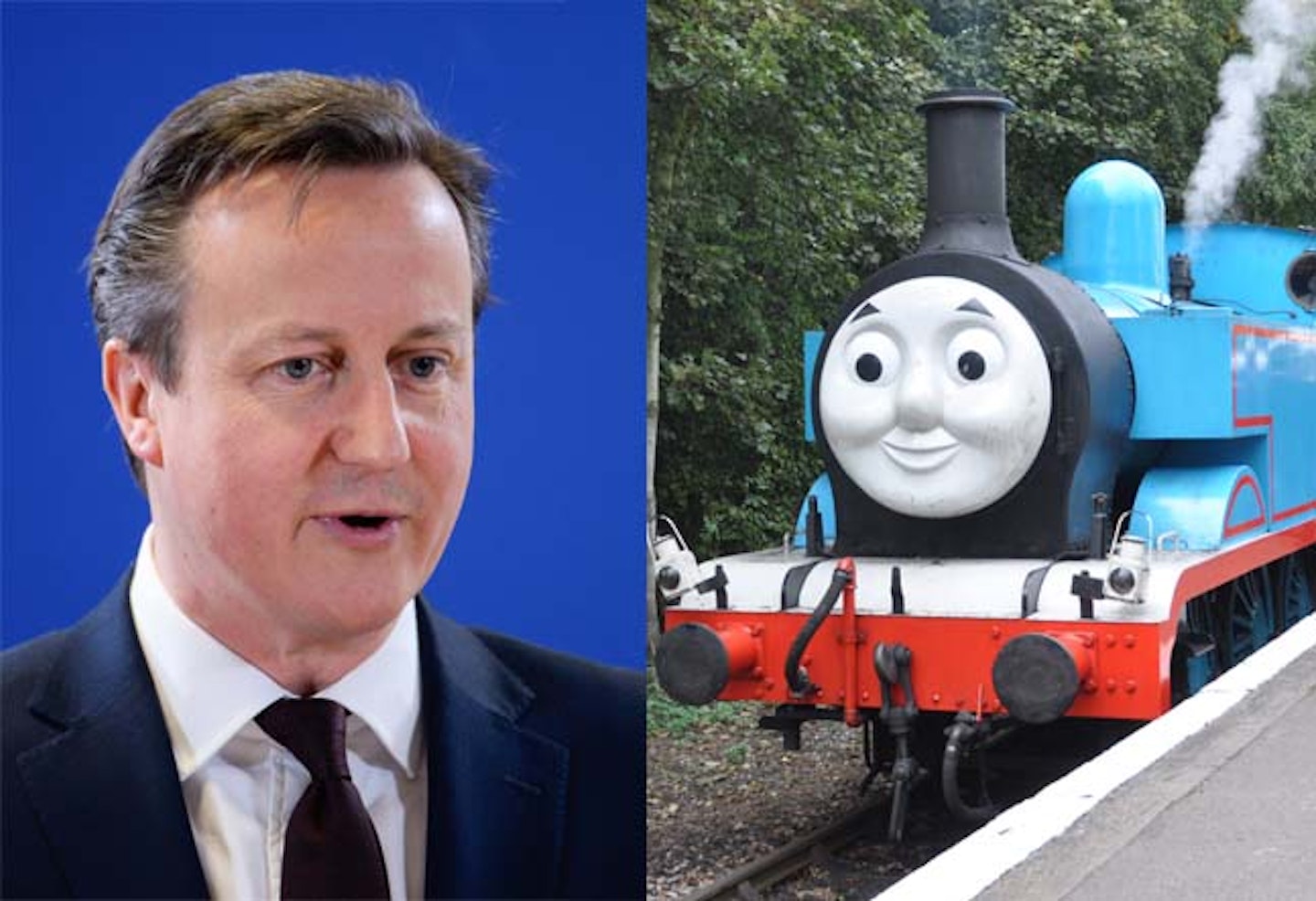 David Cameron thinks he is like Thomas the Tank Engine [Photos: Isopix/REX, Shutterstock]