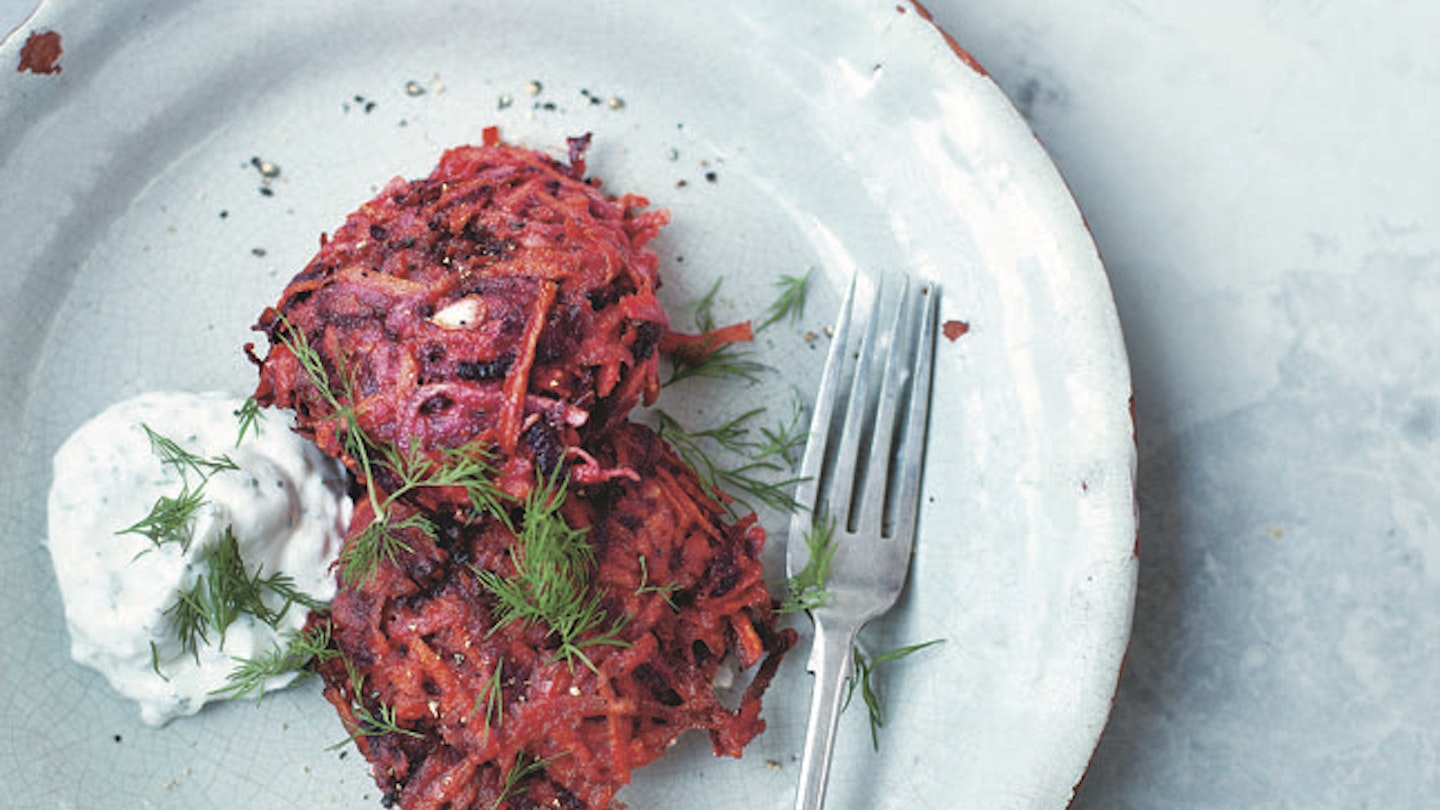 Beetroot And Carrot Fritters With Dill And Yogurt Sauce