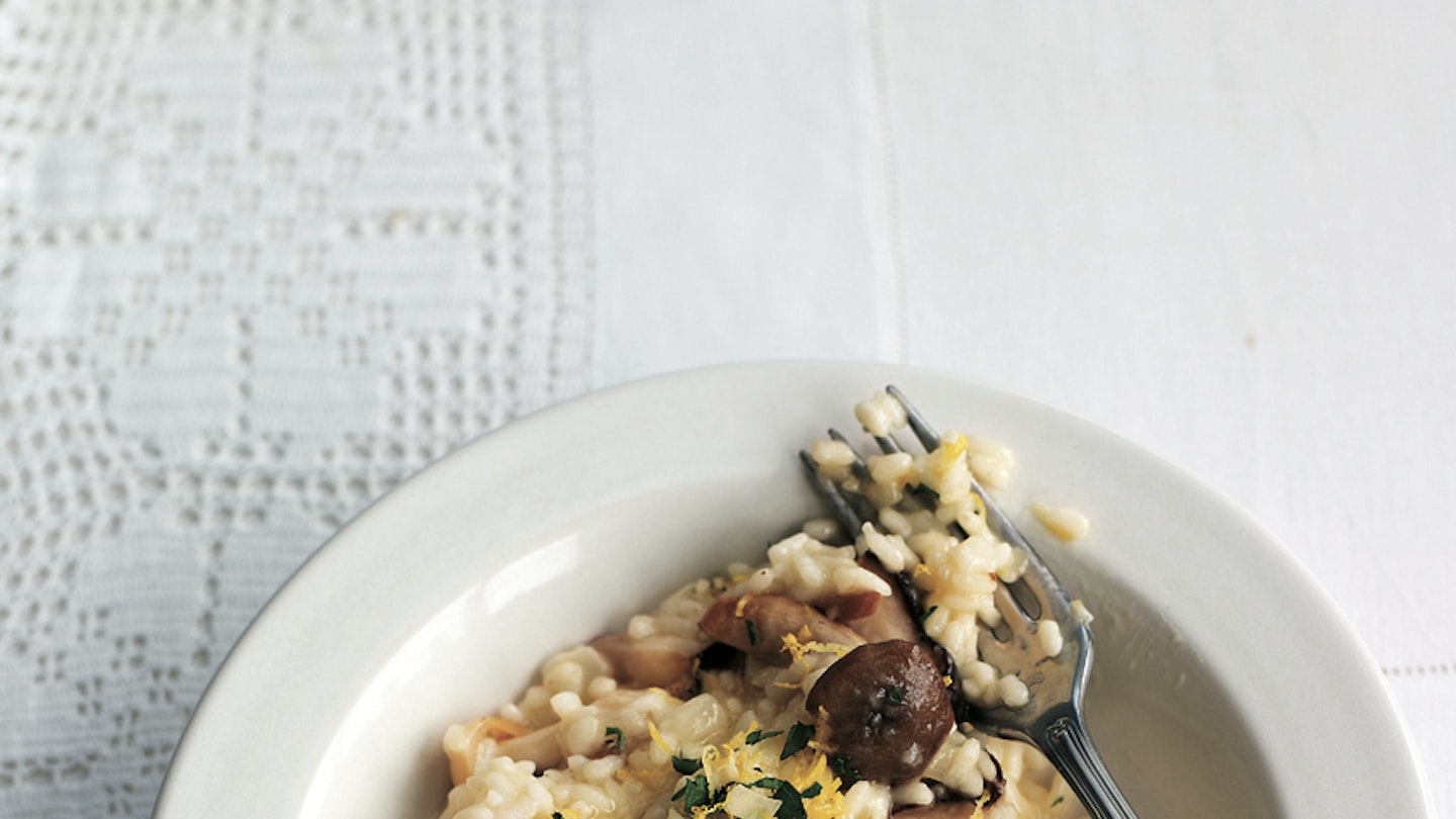 You can add chicken to a mushroom risotto (leftover roast chicken is best), but to save money, keep it veggie by using mushrooms. The spongy texture of them means they soak up lots of flavours making it a very tasty dish.