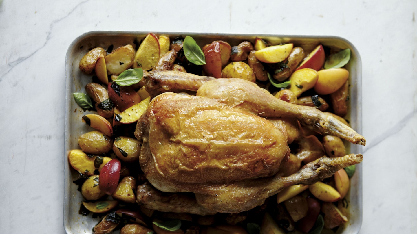 Summer Roast Chicken With Peaches And Basil