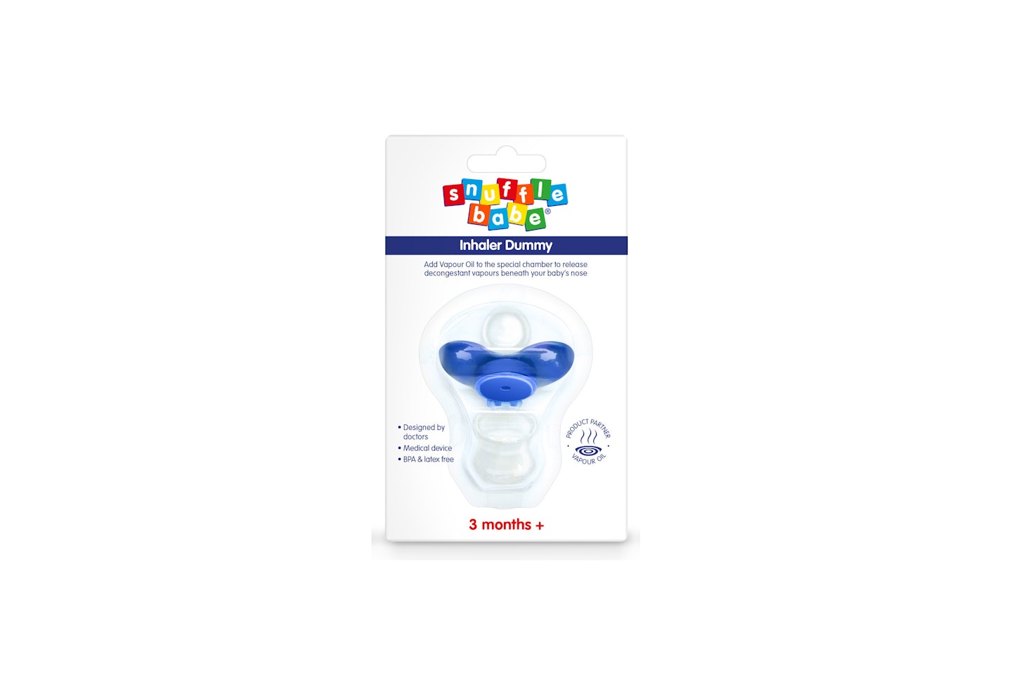 This dummy has been created by doctors to use alongside Snufflebabe vapour oil. You simply put a few drops into the special compartment in the dummy, which sits near your baby’s nose, so that he can inhale the vapours while he sucks on the dummy. The oil