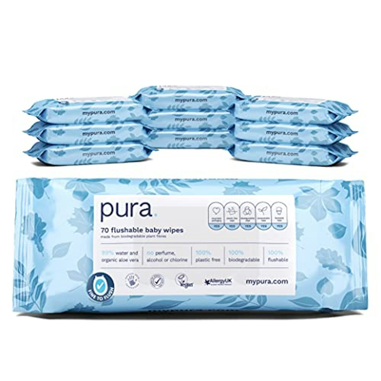 Pura Flushable Baby Wipes (10 Packs Of 70 Wipes, 700 Wipes)