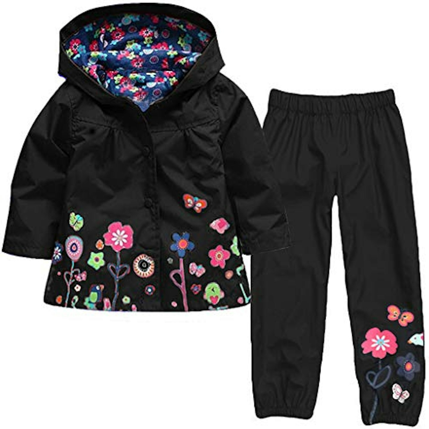 Black and floral kids hooded raincoat with trousers and patterned lining
