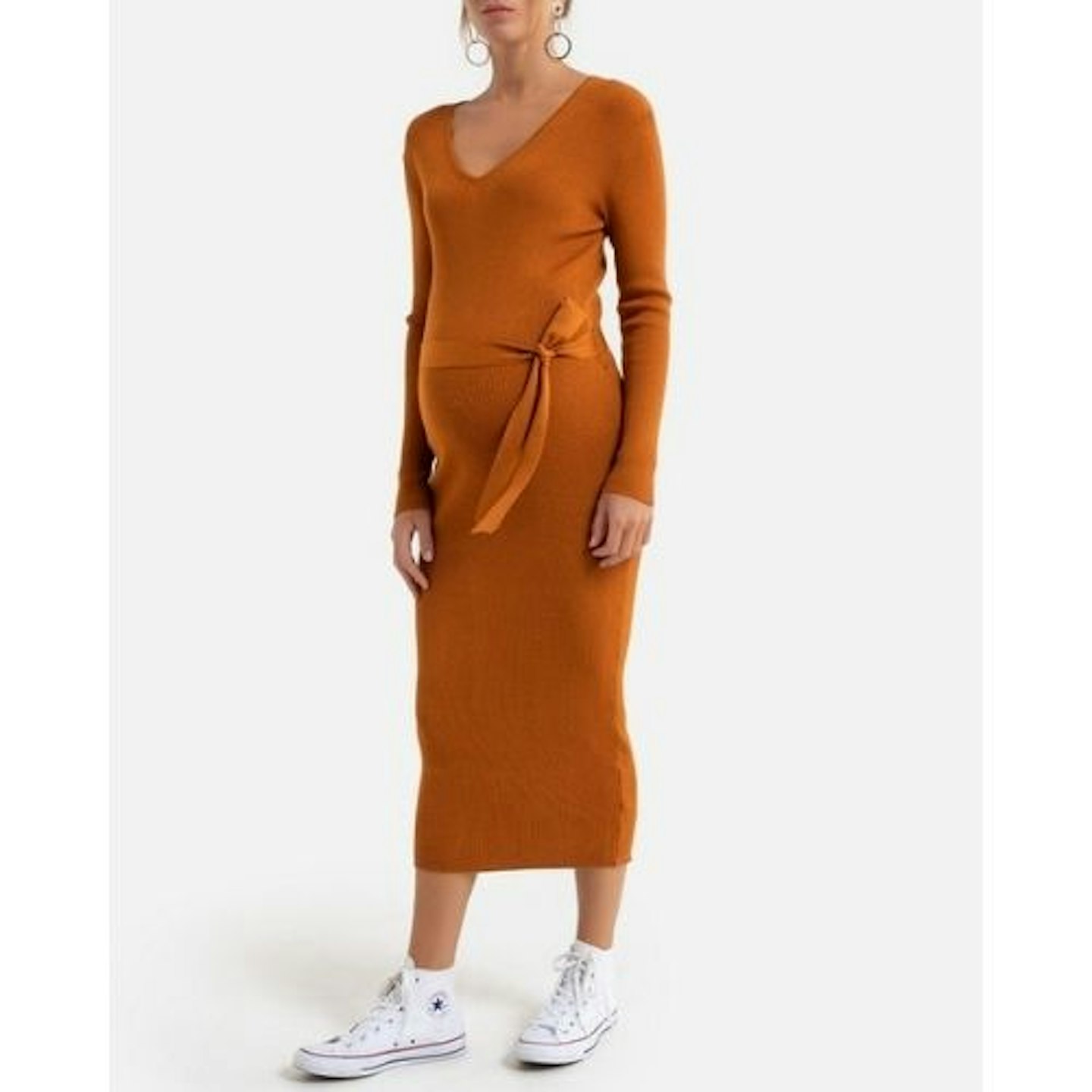 Maternity midi jumper dress with long sleeves in camel