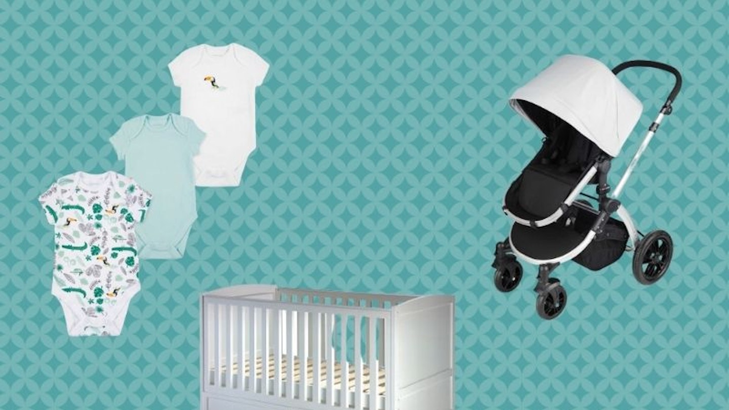 cot, pushchair and bodysuits