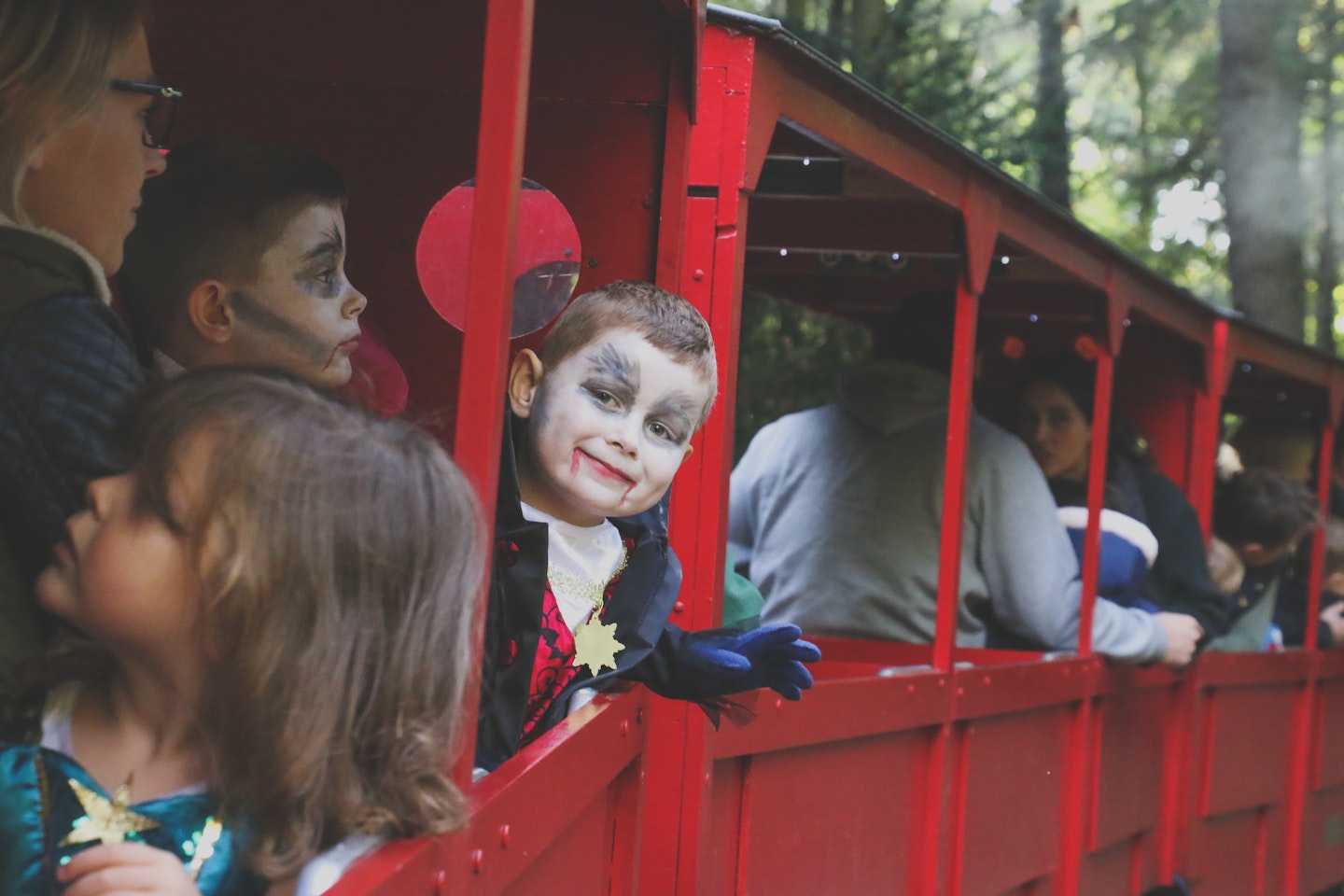 Child dressed as vampire riding the train